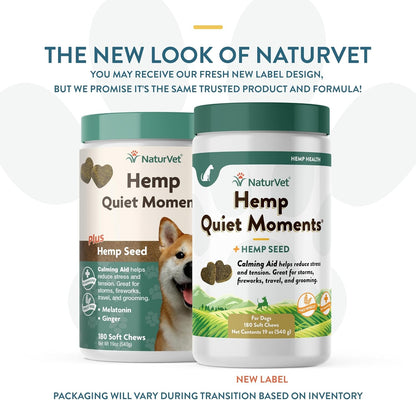 Quiet Moments Calming Aid Dog Supplement, Helps Promote Relaxation, Reduce Stress, Storm Anxiety, Motion Sickness for Dogs (Quiet Moments plus Hemp, 180 Soft Chews)