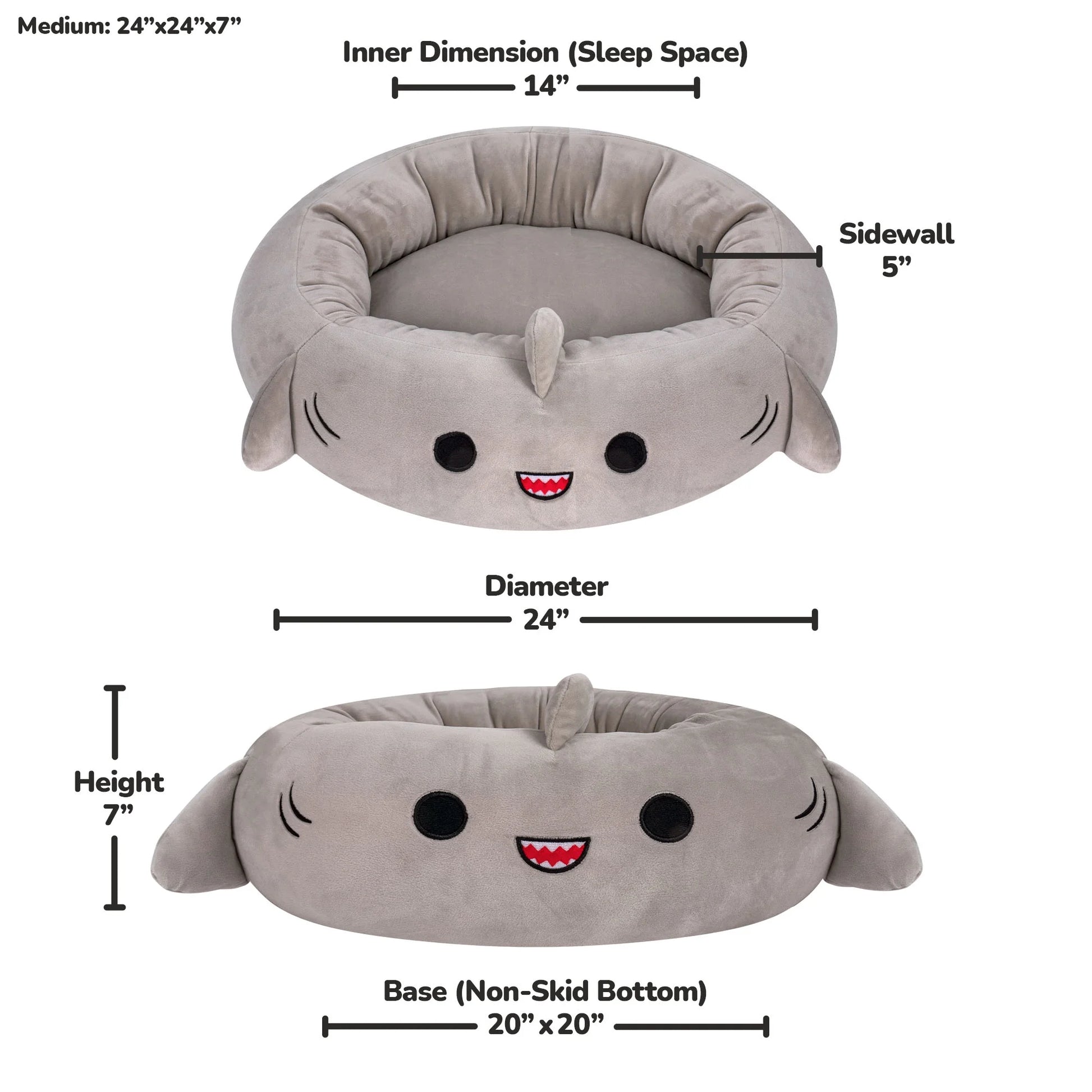 24 Inch Gray Shark Pet Bed - Medium Ultra Soft Plush Pet Bed