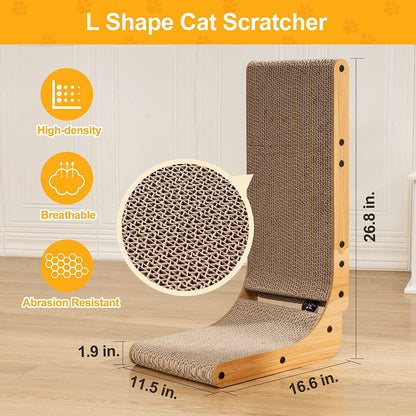 L Shape Cat Scratcher, 26.8 Inch Cat Scratchers for Indoor Cats, Protecting Furniture Cat Scratch Pad, Cardboard Cat Scratching with Ball Toy, Catnip, Large
