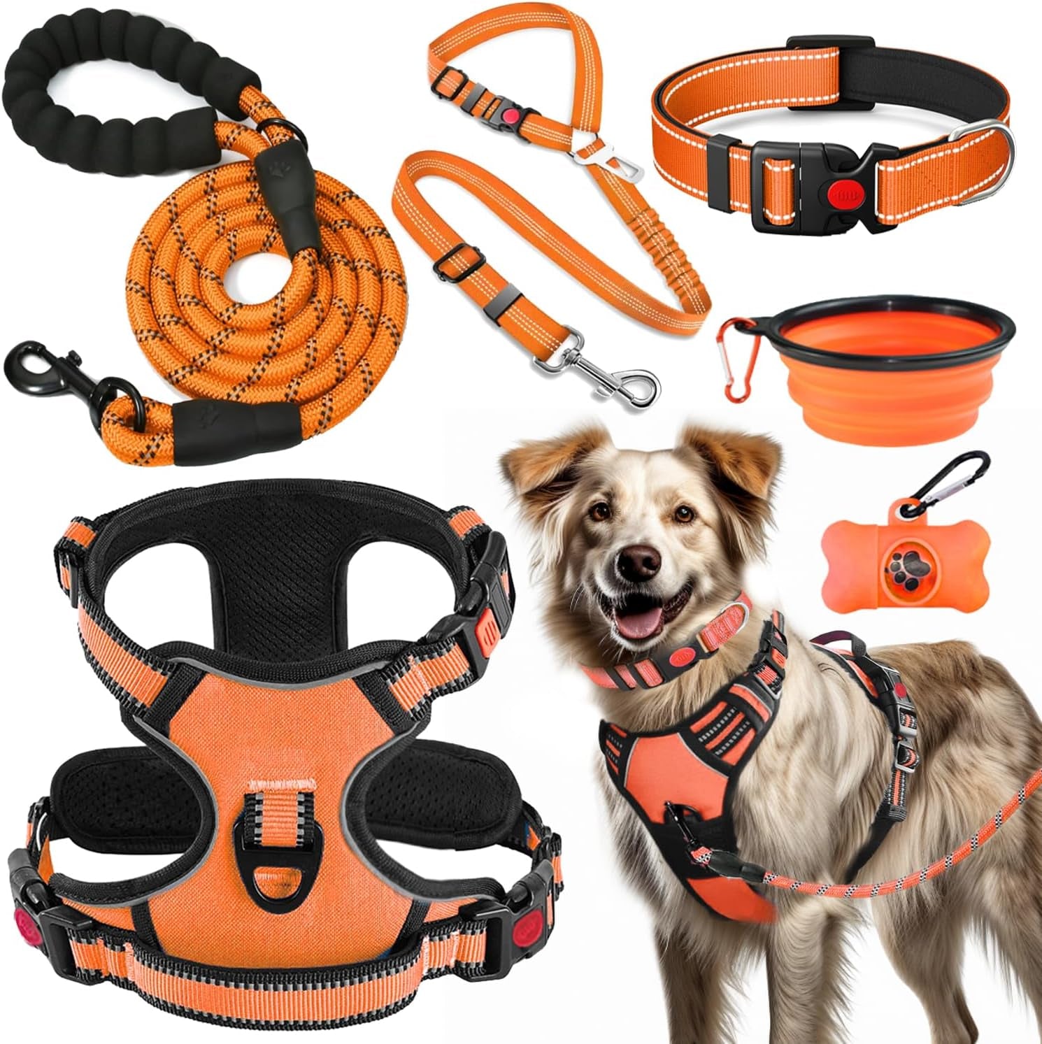 No Pull Dog Harness, Collar & Leash Set | Includes Dog Seat Belt, Collapsible Bowls & Poop Bag Dispenser. Ideal for Training, Walking, Hiking. Fits Small to Large Dogs(Pink-L)