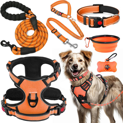 No Pull Dog Harness, Collar & Leash Set | Includes Dog Seat Belt, Collapsible Bowls & Poop Bag Dispenser. Ideal for Training, Walking, Hiking. Fits Small to Large Dogs(Pink-L)