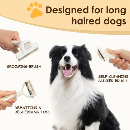 Professional Long-Haired Dog and Cat Grooming Kit - Deshedding and Slicker Brush Set 3 in 1 Gift Box for Long Hair Pets
