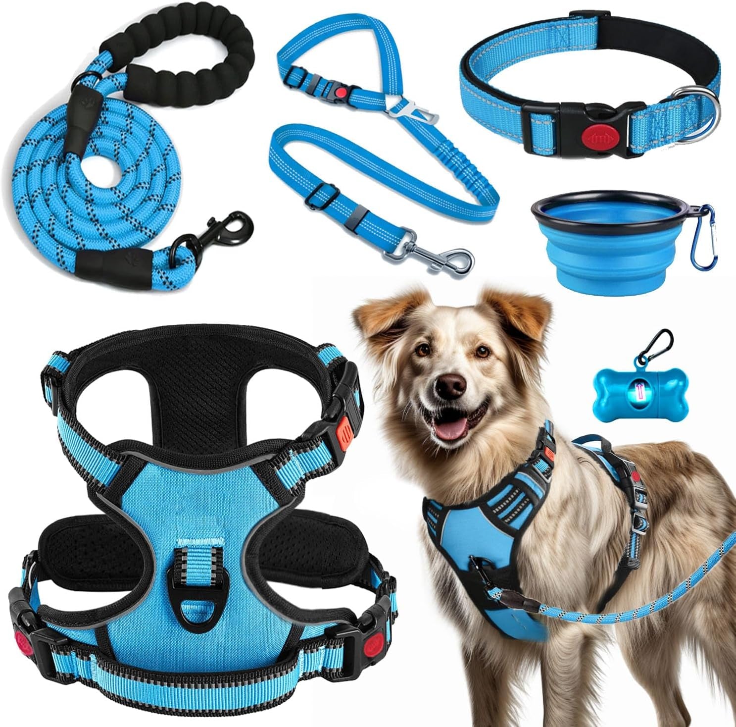 No Pull Dog Harness, Collar & Leash Set | Includes Dog Seat Belt, Collapsible Bowls & Poop Bag Dispenser. Ideal for Training, Walking, Hiking. Fits Small to Large Dogs(Pink-L)