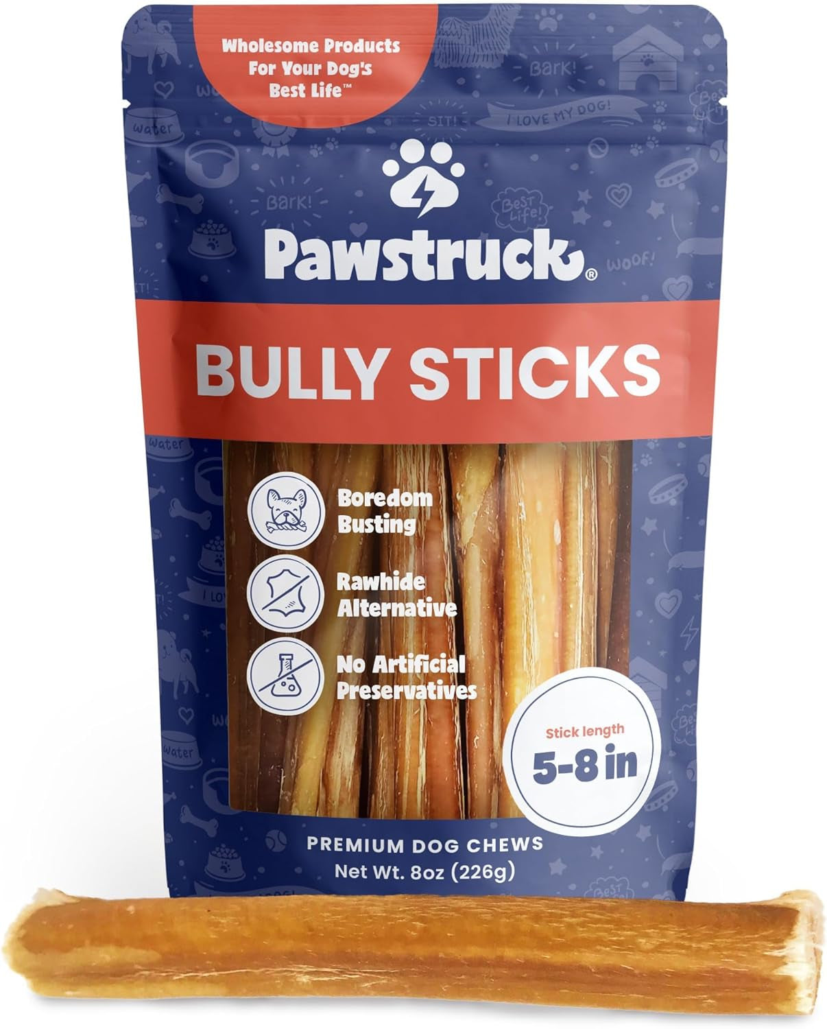 Natural 5-8" Bully Sticks for Dogs - Best Long-Lasting, Rawhide-Free, Low Odor Dental Chew Treat - Healthy Single Ingredient, 100% Real Beef - 8 Oz Bag - Packaging May Vary