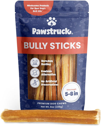 Natural 5-8" Bully Sticks for Dogs - Best Long-Lasting, Rawhide-Free, Low Odor Dental Chew Treat - Healthy Single Ingredient, 100% Real Beef - 8 Oz Bag - Packaging May Vary