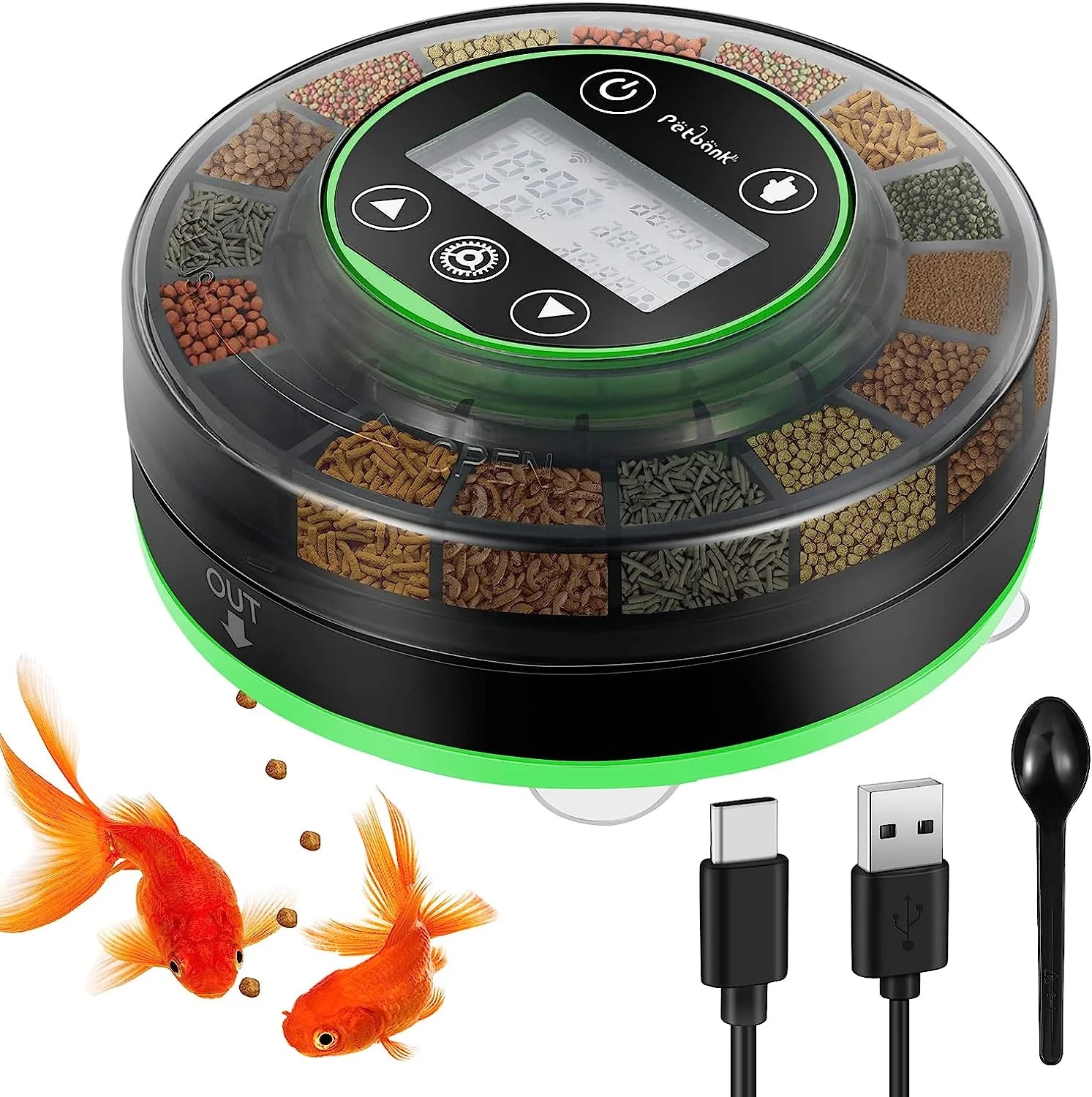Automatic Fish Feeder for Aquarium, Rechargeable Fish Food Feeder Automatic Dispenser with Timer, Precise Feeding Auto Fish Feeder for Vacation, LCD Display
