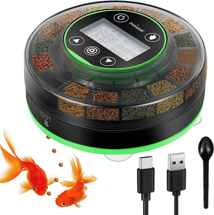 Automatic Fish Feeder for Aquarium, Rechargeable Fish Food Feeder Automatic Dispenser with Timer, Precise Feeding Auto Fish Feeder for Vacation, LCD Display