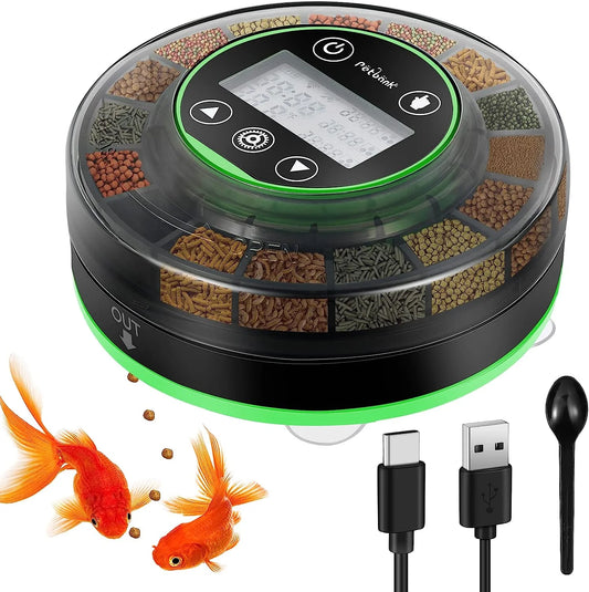 Automatic Fish Feeder for Aquarium, Rechargeable Fish Food Feeder Automatic Dispenser with Timer, Precise Feeding Auto Fish Feeder for Vacation, LCD Display