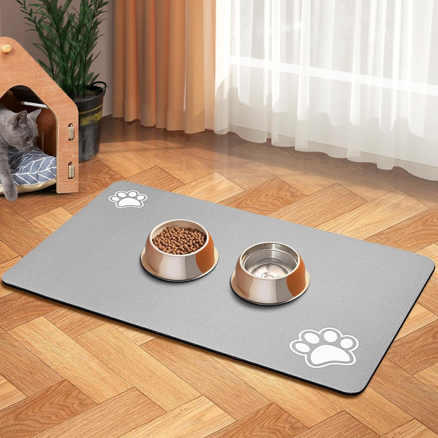 Pet Feeding Mat-Absorbent Dog Mat for Food and Water Bowl-Dog Accessories Pet Supplies-Dog Water Bowl for Messy Drinkers-No Stains Quick Dry Dog Water Dispenser Mat (12"X19", Dark Grey)
