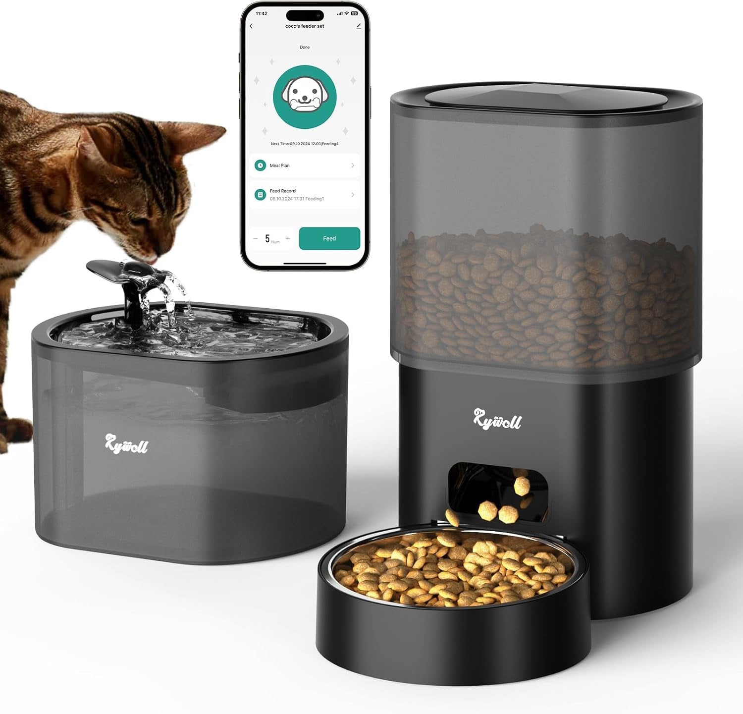 Automatic Cat Feeder and Water Fountain,  3L Wifi Timed Pet Food Dispenser and 2.5L Water Dispenser with APP for Cats and Dogs, Voice Recorder, Stainless Steel Bowl, Low Noise, Dual Power Supply