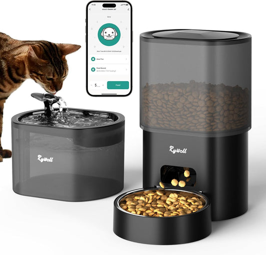 Automatic Cat Feeder and Water Fountain,  3L Wifi Timed Pet Food Dispenser and 2.5L Water Dispenser with APP for Cats and Dogs, Voice Recorder, Stainless Steel Bowl, Low Noise, Dual Power Supply