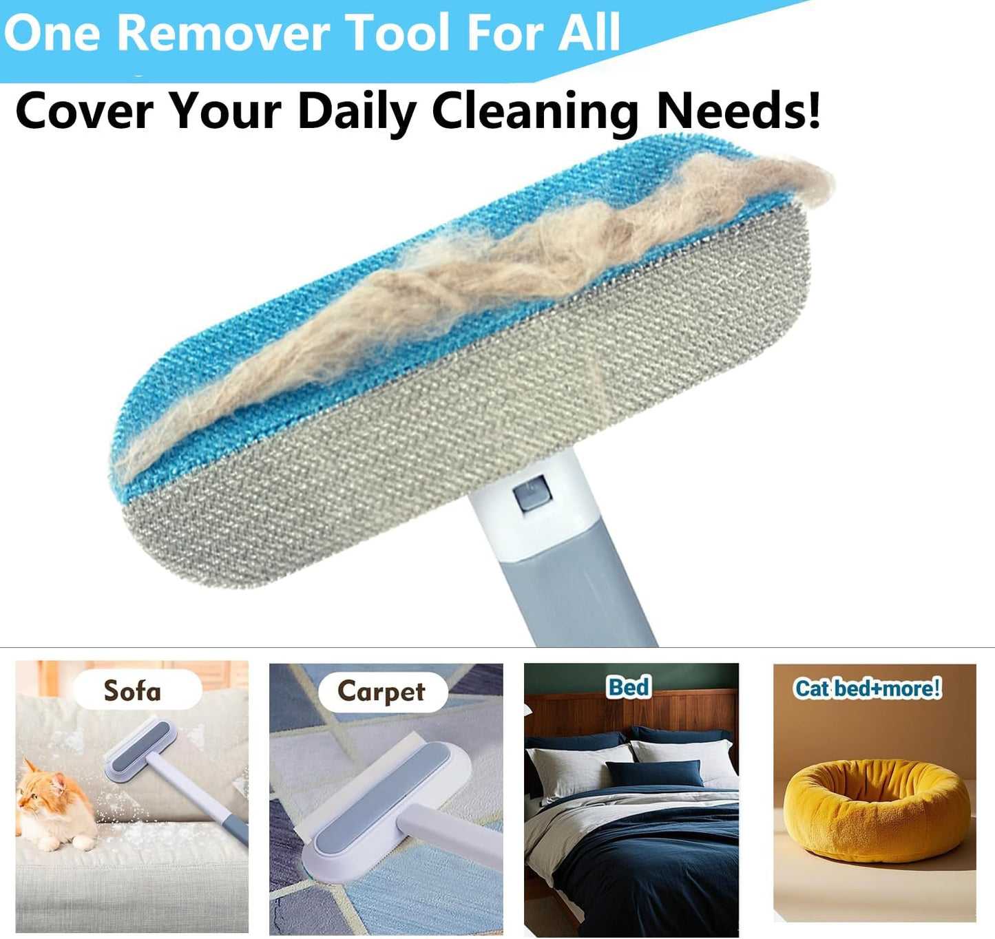 4 in 1 Cat and Dog Hair Remover, Pet Hair Removal with 17-Inch Extra Long Handle for Couch, Furniture, Carpet, Clothes, Bedding, Tile, Hardwood Floor, Car, Window, Cat Fur Removal Cleaning Tool