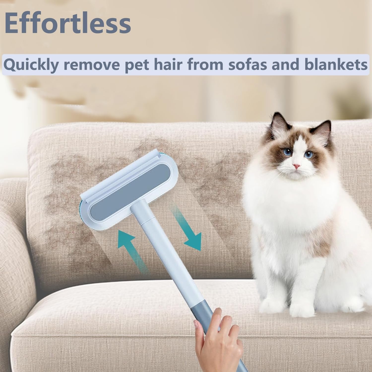 4 in 1 Cat and Dog Hair Remover, Pet Hair Removal with 17-Inch Extra Long Handle for Couch, Furniture, Carpet, Clothes, Bedding, Tile, Hardwood Floor, Car, Window, Cat Fur Removal Cleaning Tool