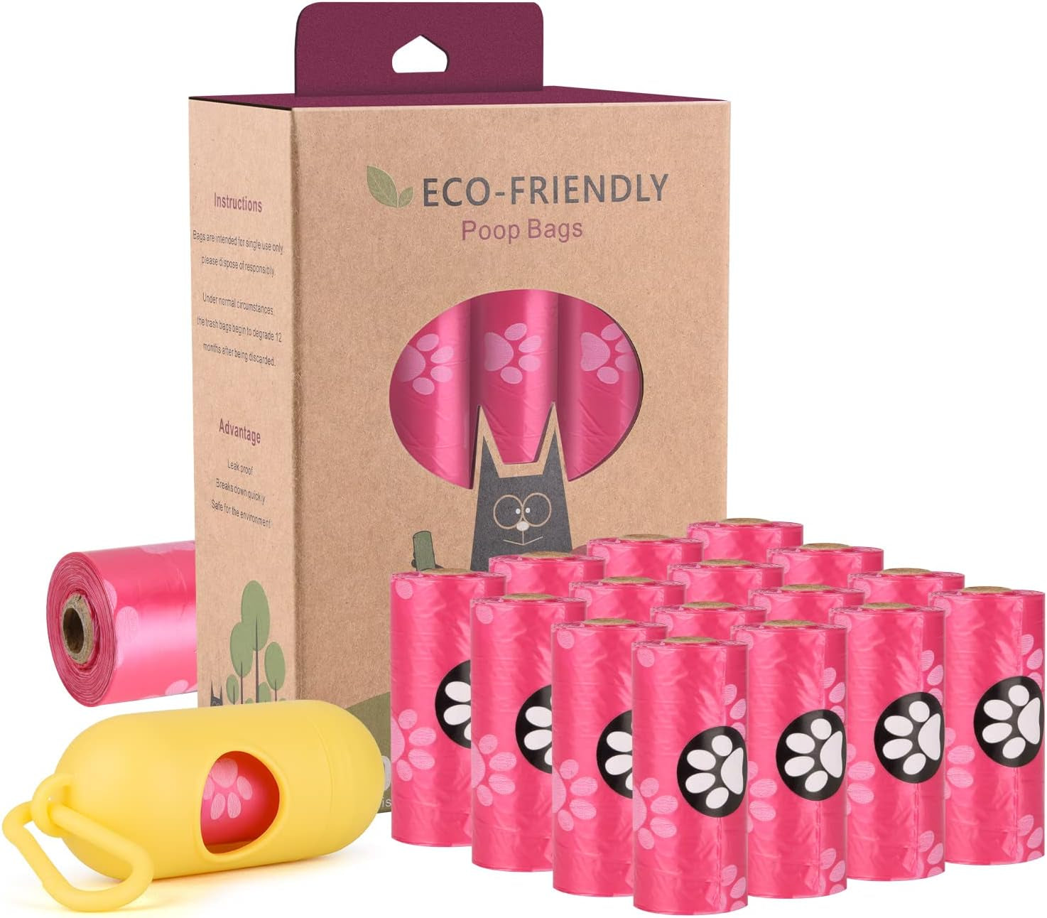 Biodegradable Dog Poo Bags with Holder-240 Large Poop Bags, Corn Starch Blended Compostable Bag, Extra Thick Strong Leak Proof Waste Bag for Dogs (Pink)