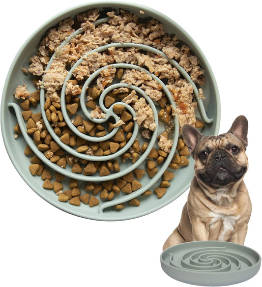 Dog Puzzle Bowl - Silicone Slow Feeder Dog Bowls for Healthy Eating - Puppy Slow Feeder Non-Slip Design Dishwasher Microwave Safe (Grey Green)