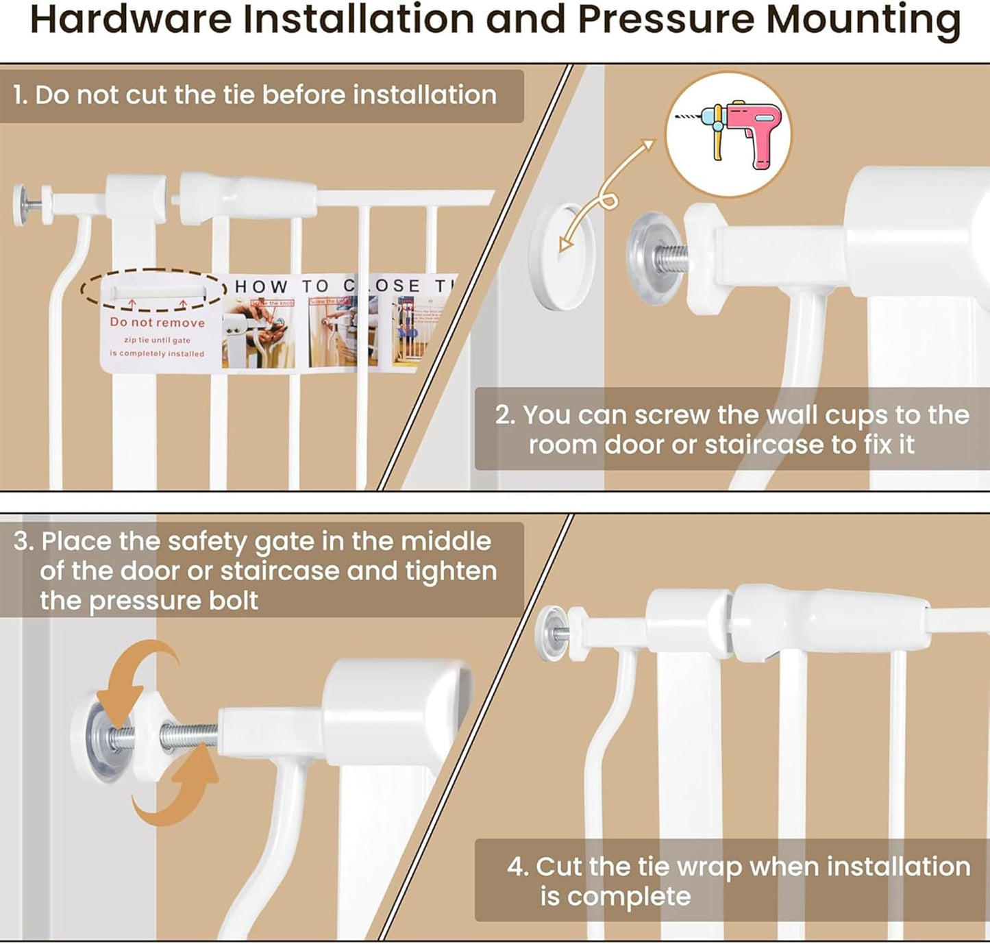 Walk-Thru Safety Gate for Baby and Pets, Child Proof Fence for Doorways, Stairways, Hallways, 29.1" to 33.8" Opening, 30" Height, White