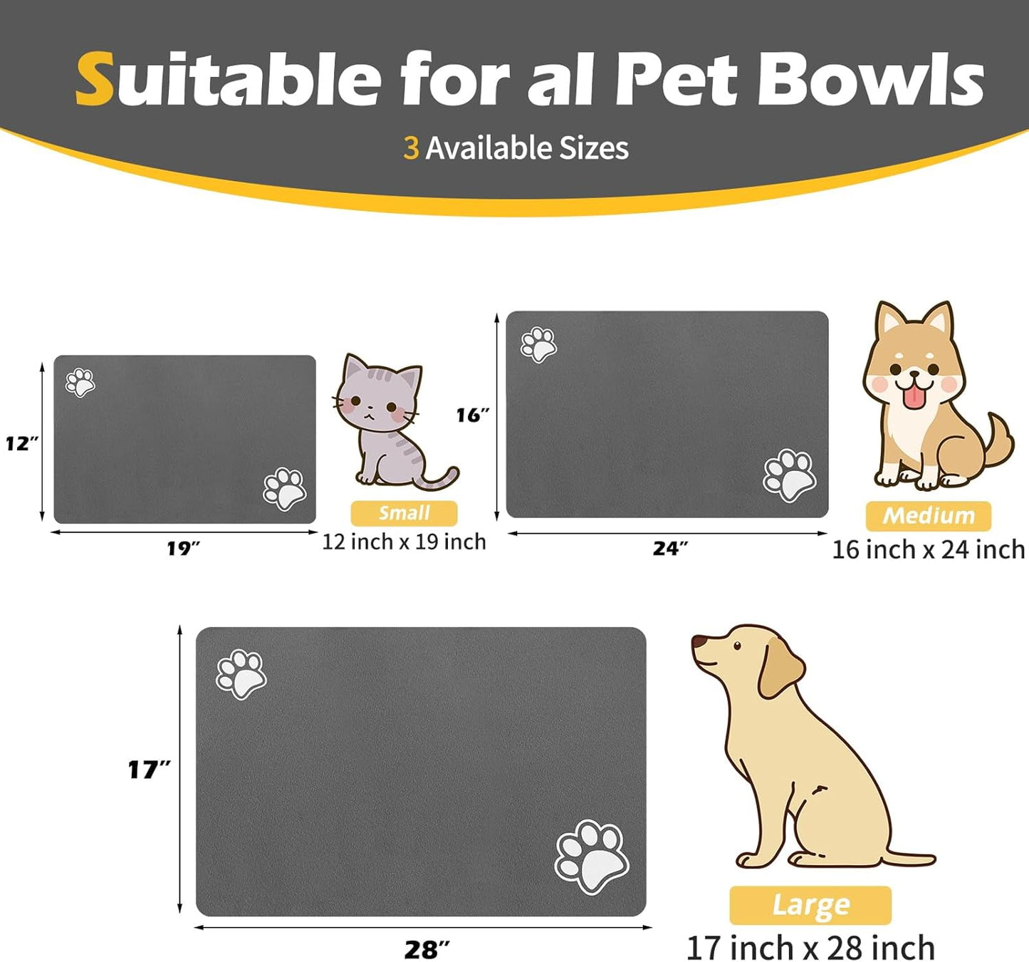 Pet Feeding Mat-Absorbent Dog Mat for Food and Water Bowl-Dog Accessories Pet Supplies-Dog Water Bowl for Messy Drinkers-No Stains Quick Dry Dog Water Dispenser Mat (12"X19", Dark Grey)