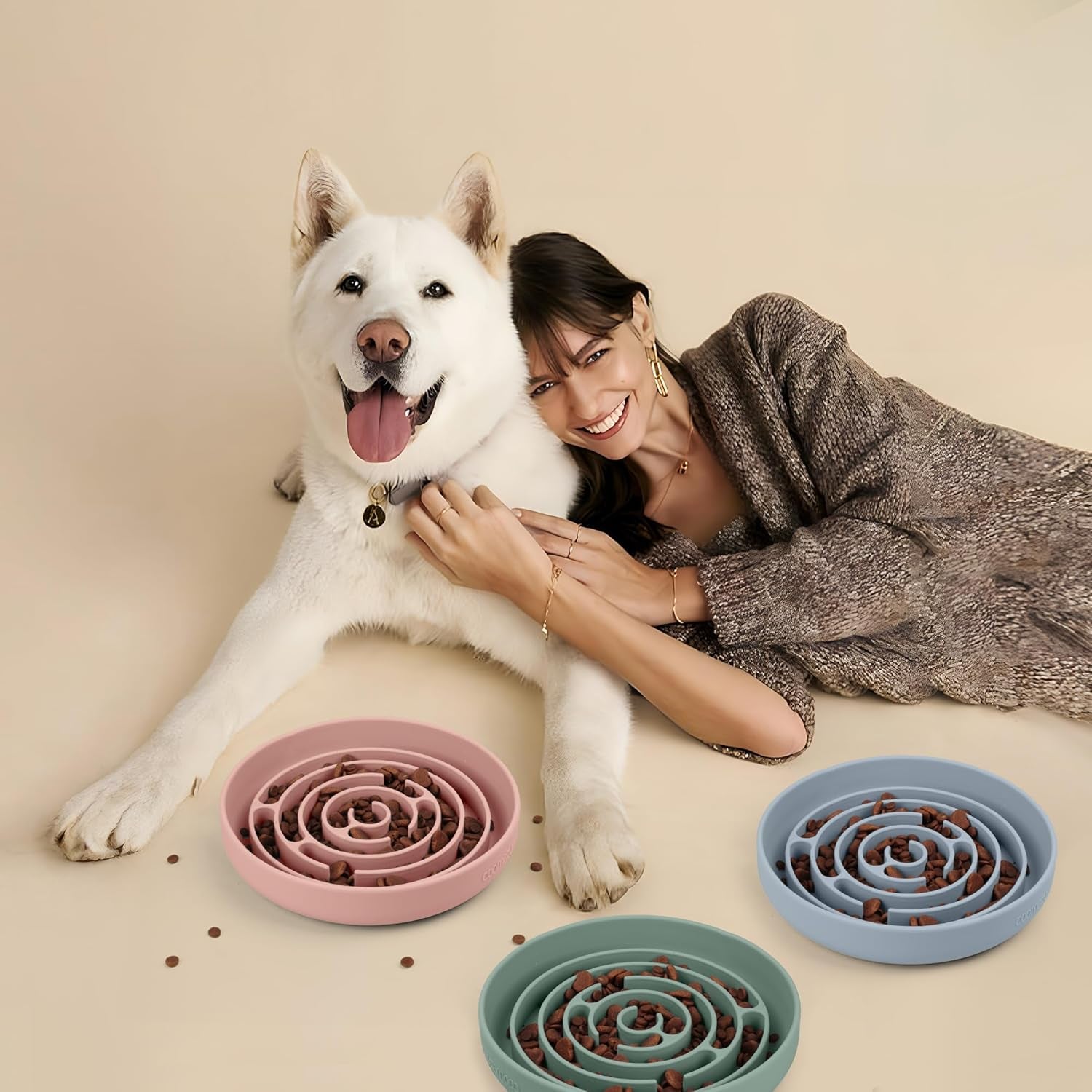 Slow Feeder Dog Bowls, Silicone Dog Bowl with Suction Cups, Slow Feeder & Non-Slip Design, Boredom and Anxiety Reducer, Suitable for All Breed Dogs, Avocado Green