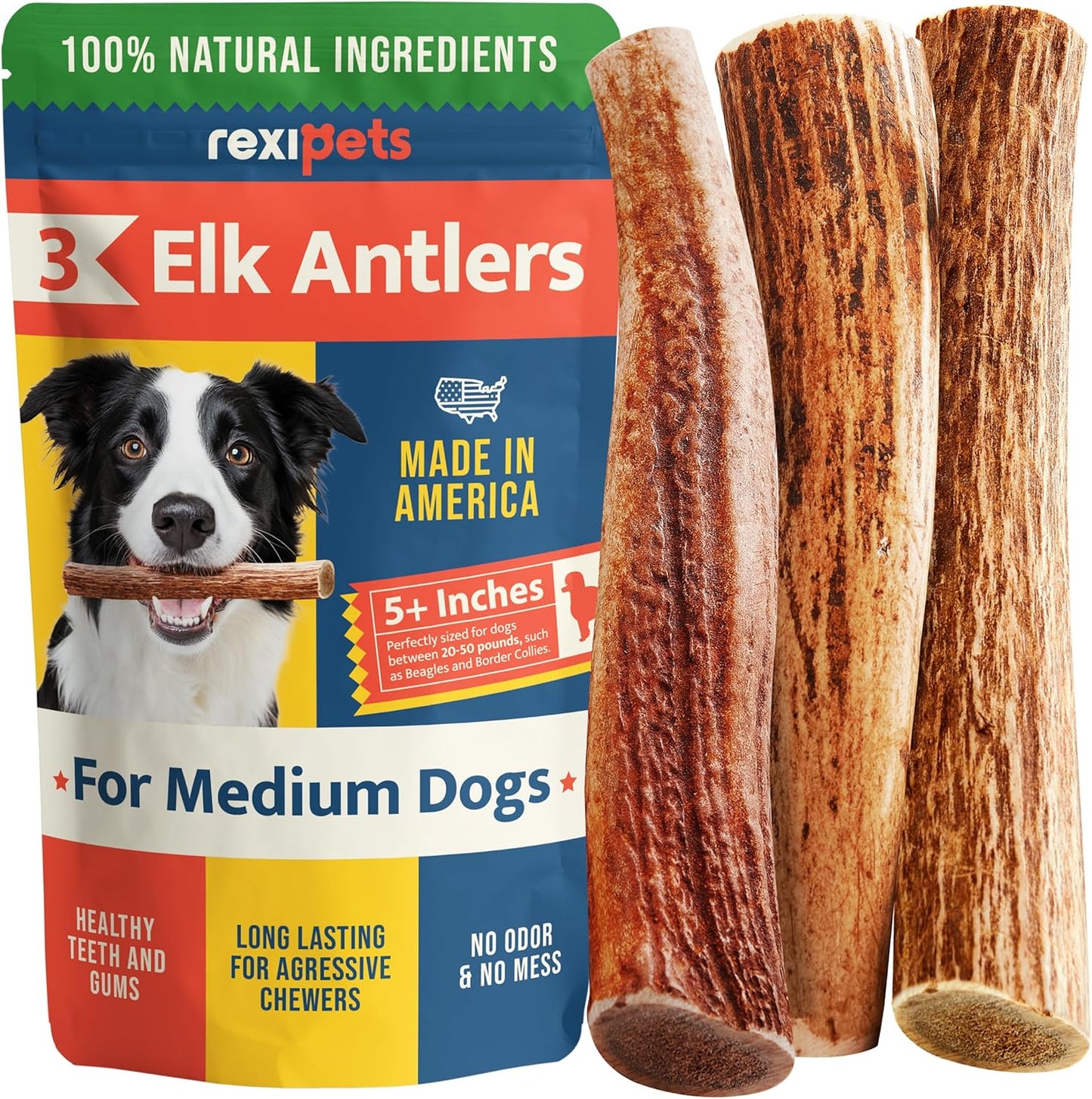 100% Natural - Antlers for Dogs - Naturally Shed in USA - Grade a Long Lasting Chew for Aggressive Chewers - Elk Antlers Dog Antler Chews - Real, Healthy Treats & Toys - No Odor & No Mess - Small
