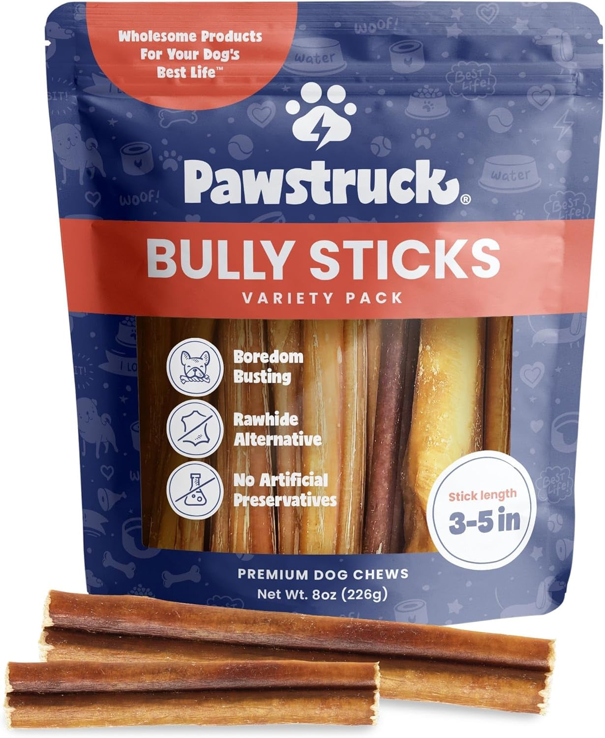 Natural 5-8" Bully Sticks for Dogs - Best Long-Lasting, Rawhide-Free, Low Odor Dental Chew Treat - Healthy Single Ingredient, 100% Real Beef - 8 Oz Bag - Packaging May Vary