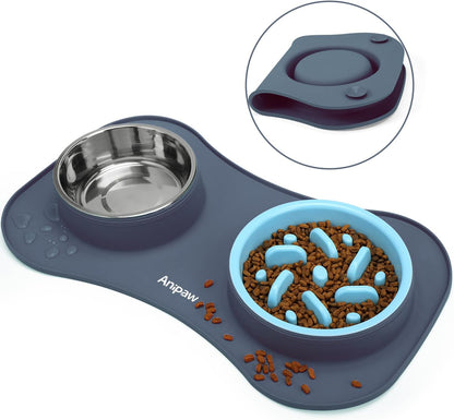 Slow Feeder Dog Bowls 3 in 1 Stainless Steel Dog Food and Water Bowls with Non-Spill and Non-Skid Silicone Mat to Slow down Eating for Large Medium Small Breed Size Dogs and Cats (Light Grey)