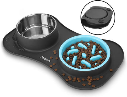 Slow Feeder Dog Bowls 3 in 1 Stainless Steel Dog Food and Water Bowls with Non-Spill and Non-Skid Silicone Mat to Slow down Eating for Large Medium Small Breed Size Dogs and Cats (Light Grey)