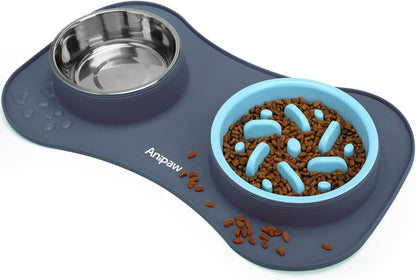 Slow Feeder Dog Bowls 3 in 1 Stainless Steel Dog Food and Water Bowls with Non-Spill and Non-Skid Silicone Mat to Slow down Eating for Large Medium Small Breed Size Dogs and Cats (Light Grey)