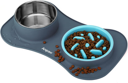 Slow Feeder Dog Bowls 3 in 1 Stainless Steel Dog Food and Water Bowls with Non-Spill and Non-Skid Silicone Mat to Slow down Eating for Large Medium Small Breed Size Dogs and Cats (Light Grey)