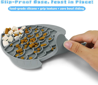 2 Pack Slow Feeder Cat Bowls, Fish-Shaped Silicone Puzzle Kitten Puppy Dog Feeders Non-Slip Design Lick Mat for Healthy Eatting,Treats Boredom Anxiety Reduction Reducer [Grey,Blue]