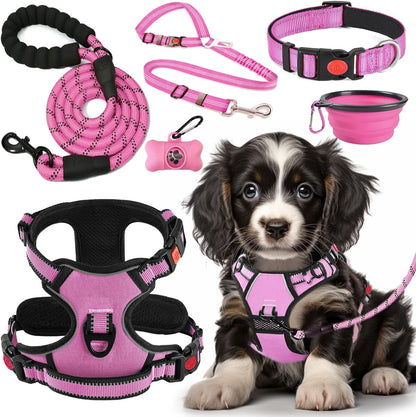 No Pull Dog Harness, Collar & Leash Set | Includes Dog Seat Belt, Collapsible Bowls & Poop Bag Dispenser. Ideal for Training, Walking, Hiking. Fits Small to Large Dogs(Pink-L)