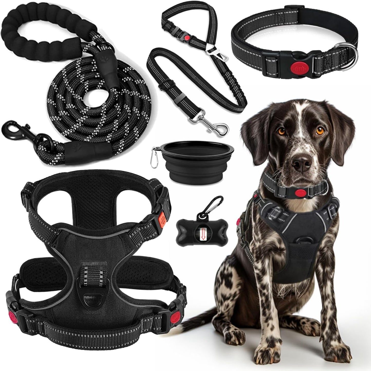 No Pull Dog Harness, Collar & Leash Set | Includes Dog Seat Belt, Collapsible Bowls & Poop Bag Dispenser. Ideal for Training, Walking, Hiking. Fits Small to Large Dogs(Pink-L)