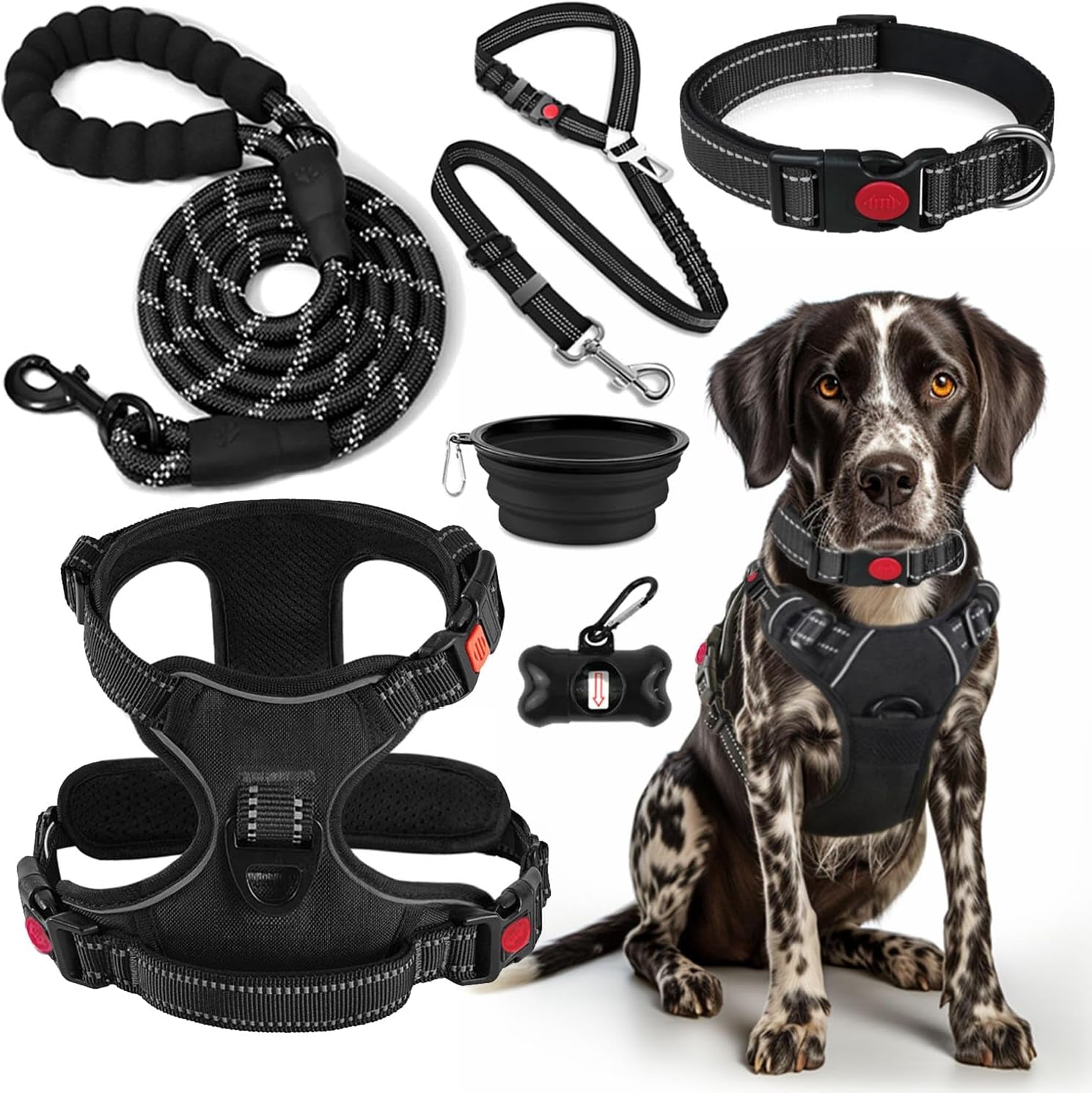 No Pull Dog Harness, Collar & Leash Set | Includes Dog Seat Belt, Collapsible Bowls & Poop Bag Dispenser. Ideal for Training, Walking, Hiking. Fits Small to Large Dogs(Pink-L)