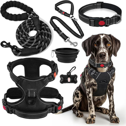 No Pull Dog Harness, Collar & Leash Set | Includes Dog Seat Belt, Collapsible Bowls & Poop Bag Dispenser. Ideal for Training, Walking, Hiking. Fits Small to Large Dogs(Pink-L)