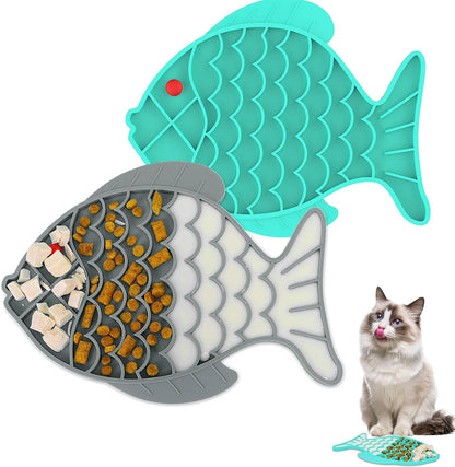 2 Pack Slow Feeder Cat Bowls, Fish-Shaped Silicone Puzzle Kitten Puppy Dog Feeders Non-Slip Design Lick Mat for Healthy Eatting,Treats Boredom Anxiety Reduction Reducer [Grey,Blue]