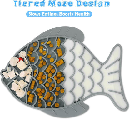2 Pack Slow Feeder Cat Bowls, Fish-Shaped Silicone Puzzle Kitten Puppy Dog Feeders Non-Slip Design Lick Mat for Healthy Eatting,Treats Boredom Anxiety Reduction Reducer [Grey,Blue]
