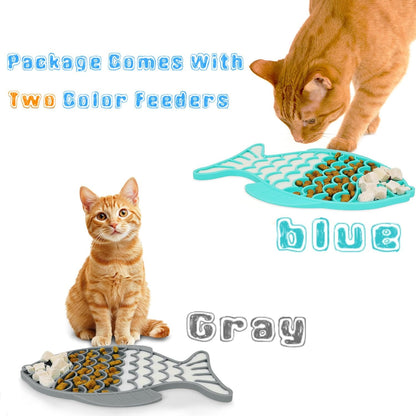 2 Pack Slow Feeder Cat Bowls, Fish-Shaped Silicone Puzzle Kitten Puppy Dog Feeders Non-Slip Design Lick Mat for Healthy Eatting,Treats Boredom Anxiety Reduction Reducer [Grey,Blue]