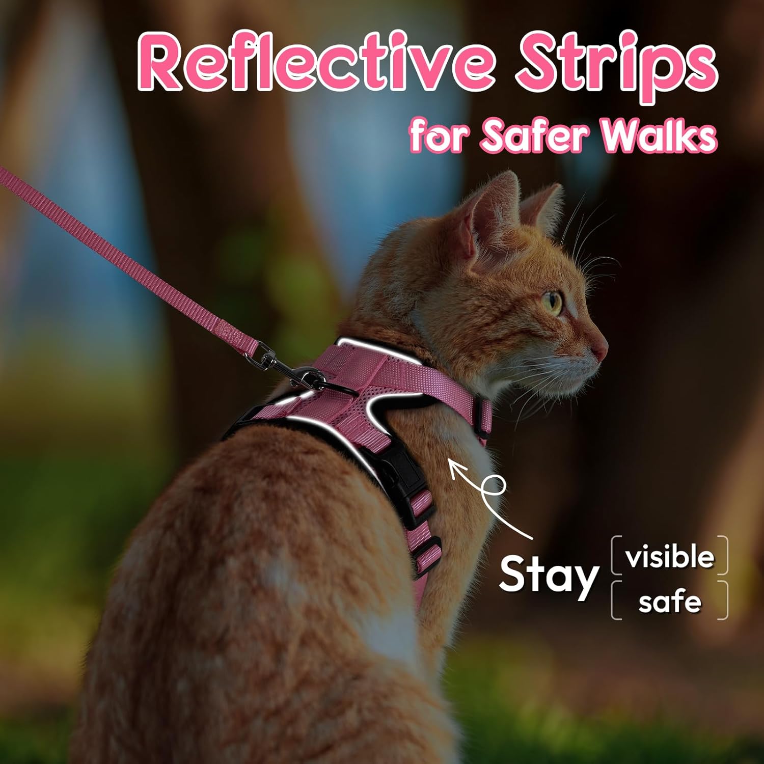 Cat Harness and Leash Set, Escape Proof Safe Adjustable Kitten Vest Harnesses for Walking, Easy Control Soft Breathable Mesh Jacket with Reflective Strips for Cats, Pink, XS