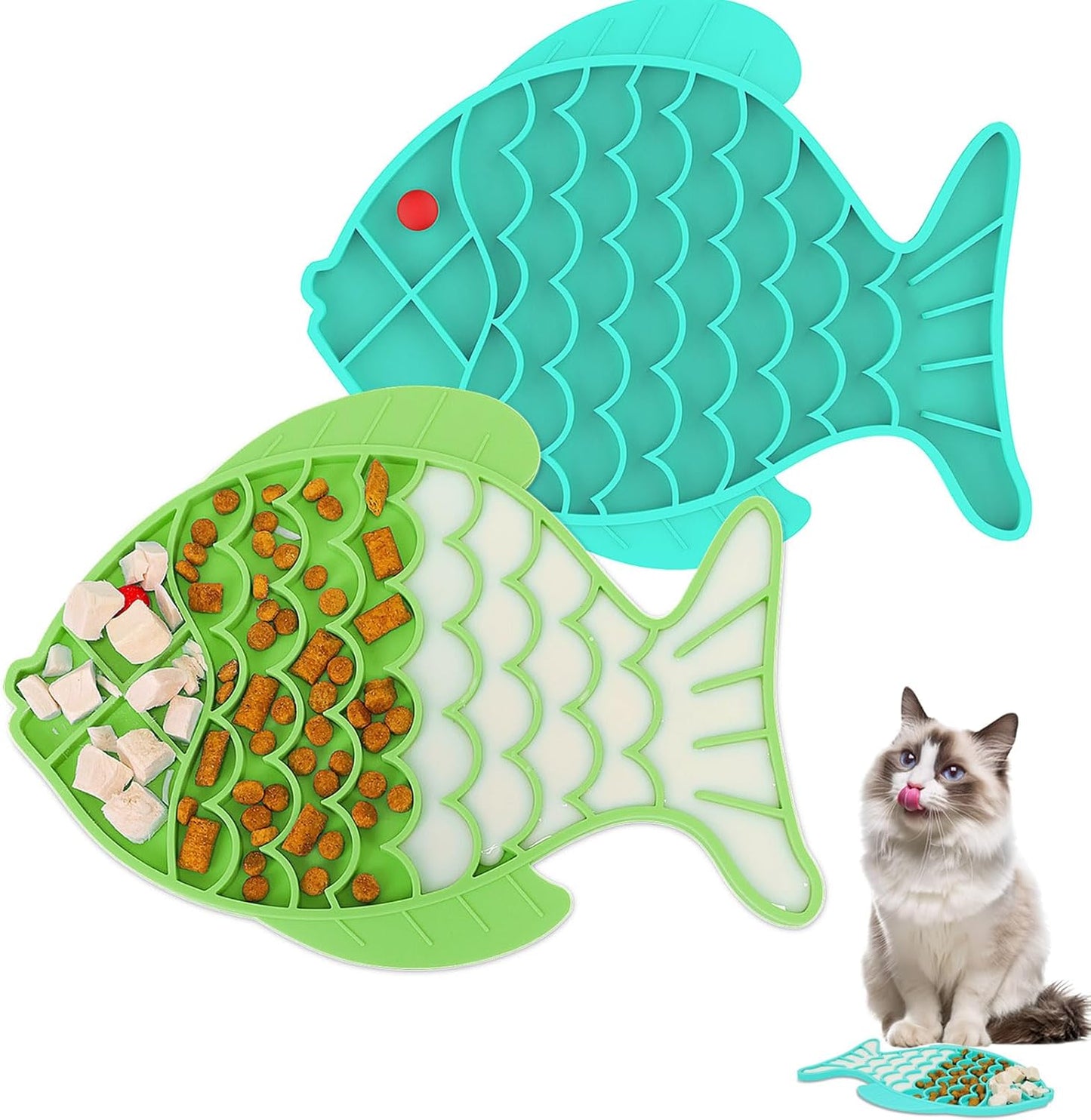 2 Pack Slow Feeder Cat Bowls, Fish-Shaped Silicone Puzzle Kitten Puppy Dog Feeders Non-Slip Design Lick Mat for Healthy Eatting,Treats Boredom Anxiety Reduction Reducer [Grey,Blue]