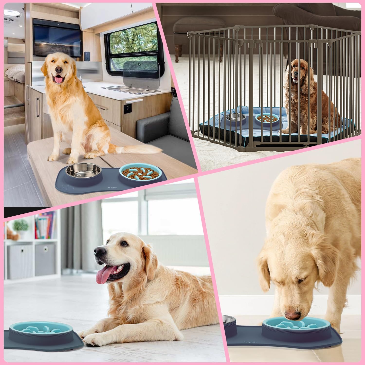 Slow Feeder Dog Bowls 3 in 1 Stainless Steel Dog Food and Water Bowls with Non-Spill and Non-Skid Silicone Mat to Slow down Eating for Large Medium Small Breed Size Dogs and Cats (Light Grey)