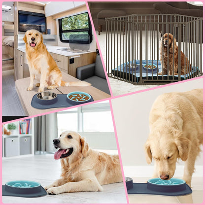 Slow Feeder Dog Bowls 3 in 1 Stainless Steel Dog Food and Water Bowls with Non-Spill and Non-Skid Silicone Mat to Slow down Eating for Large Medium Small Breed Size Dogs and Cats (Light Grey)