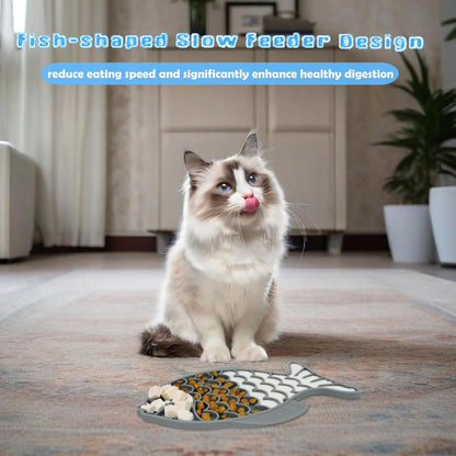 2 Pack Slow Feeder Cat Bowls, Fish-Shaped Silicone Puzzle Kitten Puppy Dog Feeders Non-Slip Design Lick Mat for Healthy Eatting,Treats Boredom Anxiety Reduction Reducer [Grey,Blue]
