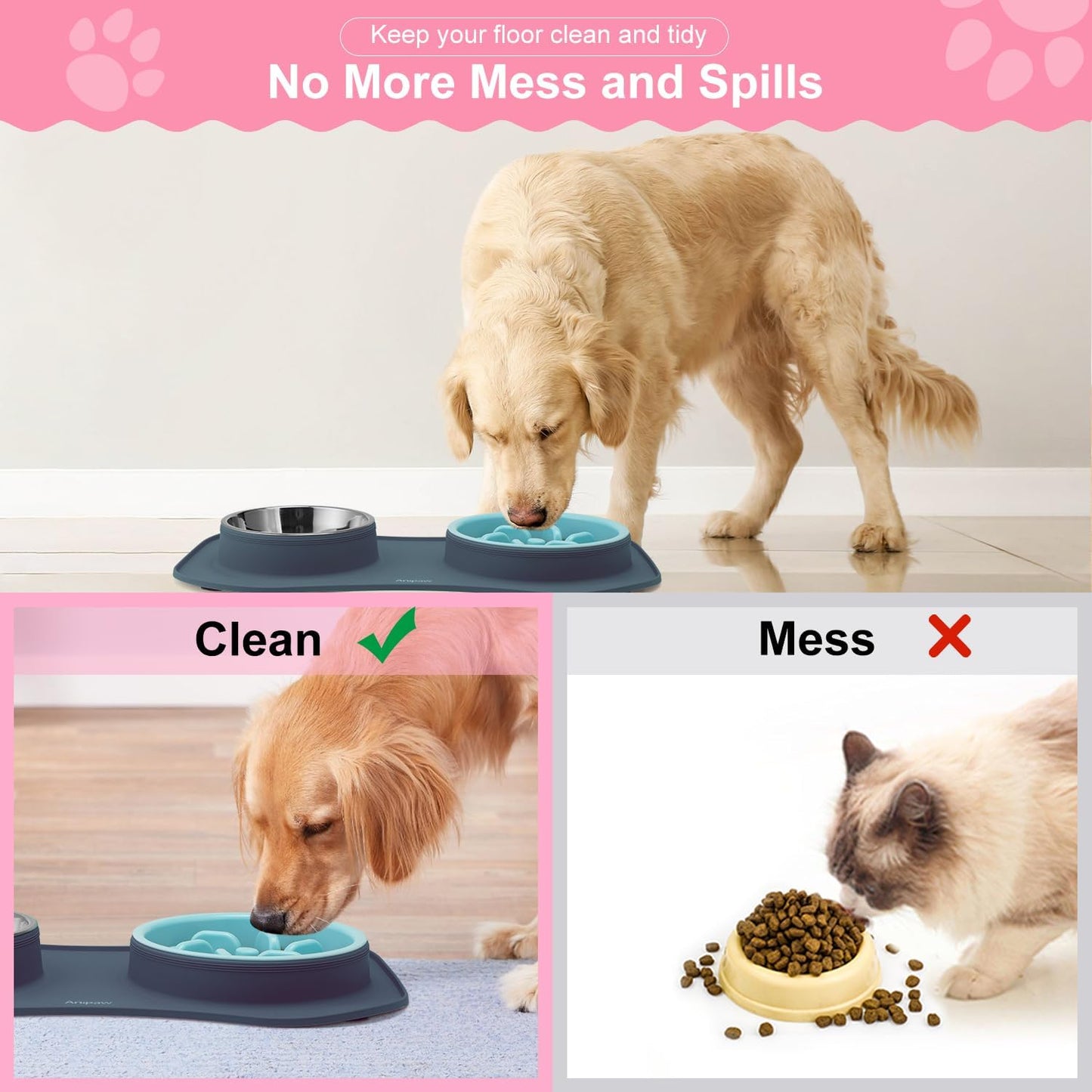 Slow Feeder Dog Bowls 3 in 1 Stainless Steel Dog Food and Water Bowls with Non-Spill and Non-Skid Silicone Mat to Slow down Eating for Large Medium Small Breed Size Dogs and Cats (Light Grey)