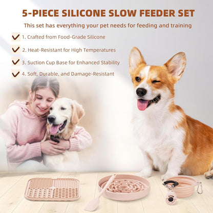 Premium Silicone Slow Feeder Dog Bowl & Lick Pad Set with Suction Cups – Includes Spatula & Training Clicker, Reduces Boredom & Anxiety, Ideal for Medium to Small Dogs & Cats -