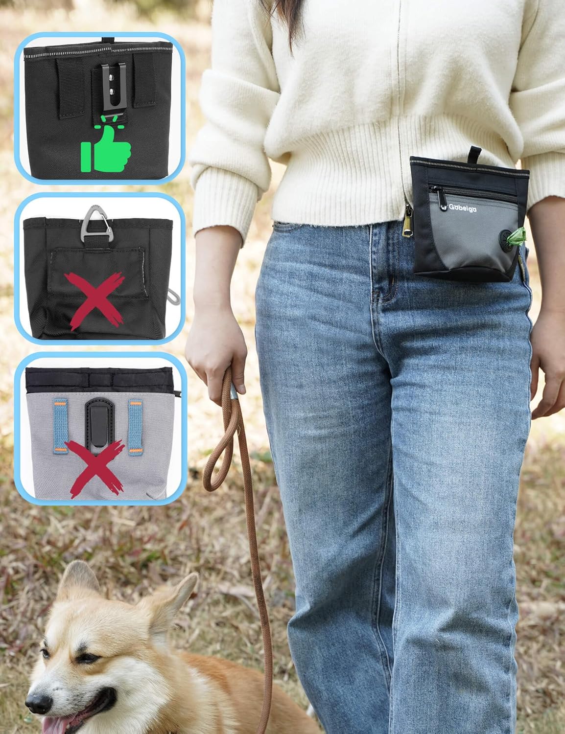 Dog Treat Pouch and Training Clicker, Upgrade Two Magnetic Closure to Prevent Spills, 2 Cup Treat Bag with Poop Bag Dispenser, Metal Clip Waist Belt Fanny Pack for Pet Walking (Black/Gray)