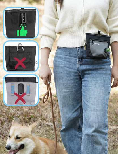 Dog Treat Pouch and Training Clicker, Upgrade Two Magnetic Closure to Prevent Spills, 2 Cup Treat Bag with Poop Bag Dispenser, Metal Clip Waist Belt Fanny Pack for Pet Walking (Black/Gray)