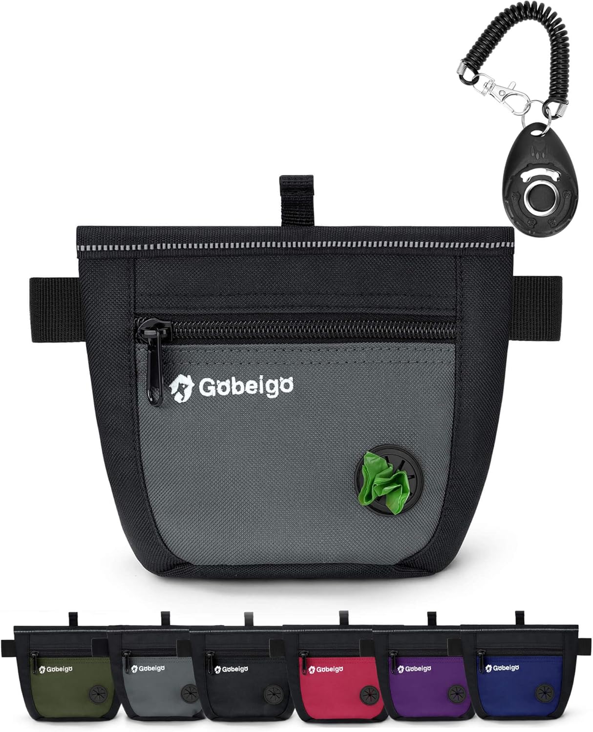 Dog Treat Pouch and Training Clicker, Upgrade Two Magnetic Closure to Prevent Spills, 2 Cup Treat Bag with Poop Bag Dispenser, Metal Clip Waist Belt Fanny Pack for Pet Walking (Black/Gray)