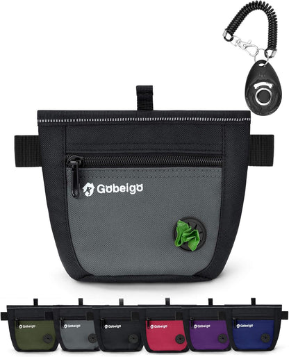 Dog Treat Pouch and Training Clicker, Upgrade Two Magnetic Closure to Prevent Spills, 2 Cup Treat Bag with Poop Bag Dispenser, Metal Clip Waist Belt Fanny Pack for Pet Walking (Black/Gray)