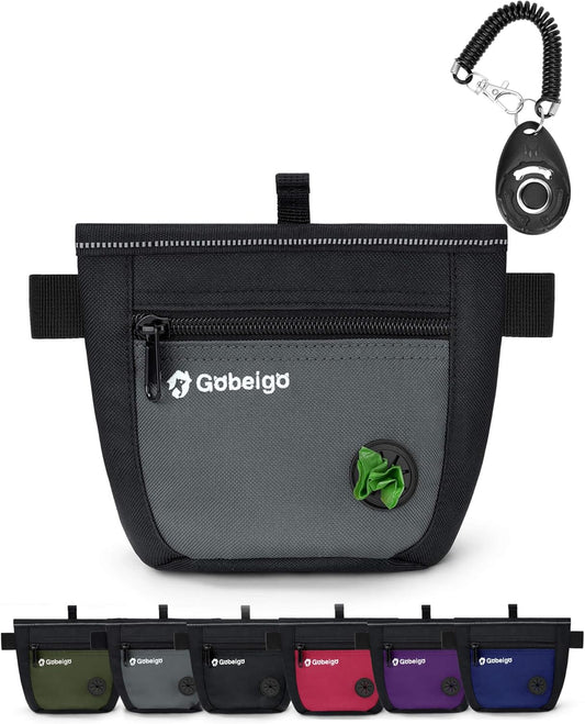 Dog Treat Pouch and Training Clicker, Upgrade Two Magnetic Closure to Prevent Spills, 2 Cup Treat Bag with Poop Bag Dispenser, Metal Clip Waist Belt Fanny Pack for Pet Walking (Black/Gray)