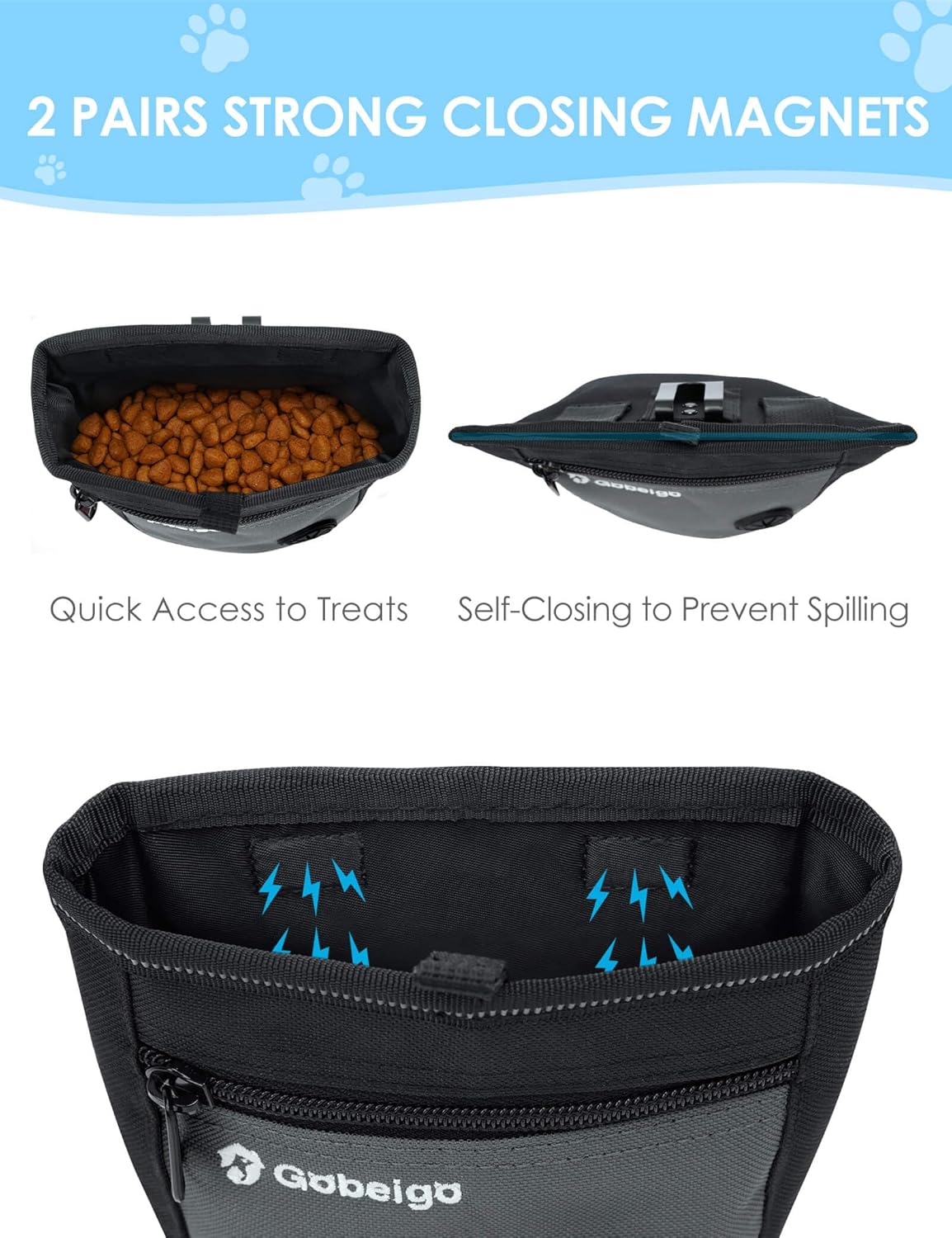 Dog Treat Pouch and Training Clicker, Upgrade Two Magnetic Closure to Prevent Spills, 2 Cup Treat Bag with Poop Bag Dispenser, Metal Clip Waist Belt Fanny Pack for Pet Walking (Black/Gray)