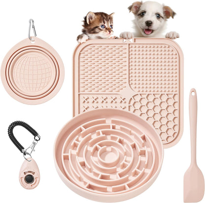 Premium Silicone Slow Feeder Dog Bowl & Lick Pad Set with Suction Cups – Includes Spatula & Training Clicker, Reduces Boredom & Anxiety, Ideal for Medium to Small Dogs & Cats -